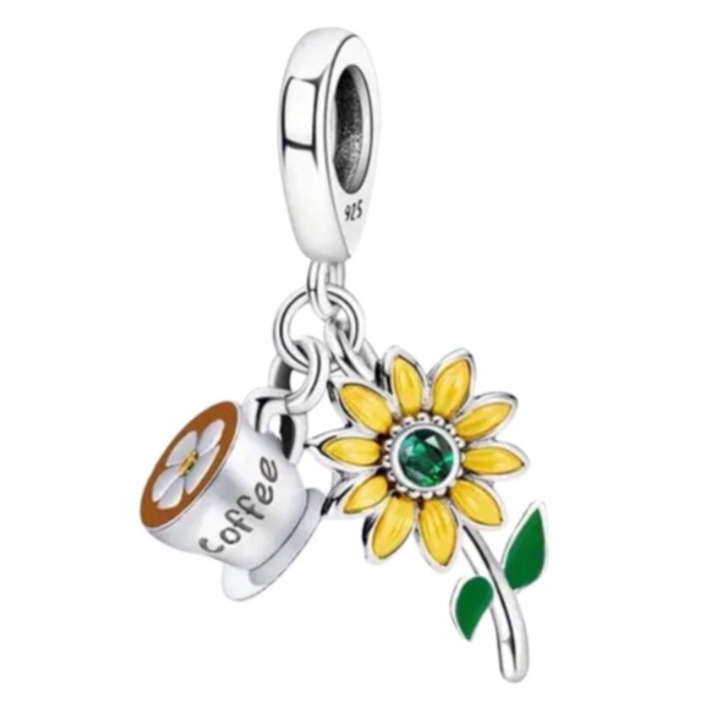 S925 Platinum Plated Coffee Sunflower Charm Pendant